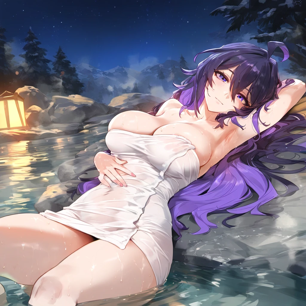 waifulover, honkai: star rail, seele (honkai: star rail), 1girls, ahoge, arm behind head, armpits, bangs, bare shoulders, bathing, blush, breasts, clavicle, cleavage, closed mouth, completely nude, covered navel, curvaceous, curvaceous female, curvaceous figure, curvy, curvy figure, female, female focus, hair between eyes, lantern, large breasts, long hair, looking at viewer, lying, multicolored hair, naked towel, night, night sky, on back, onsen, outdoors, partially submerged, purple eyes, purple hair, rock, sitting, sky, smile, solo, star (sky), starry sky, steam, thighs, towel, tree, voluptuous, voluptuous female, water, wet, ai generated, ai-created