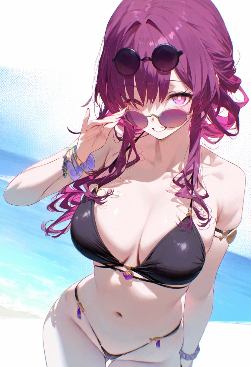 meyro, honkai (series), honkai: star rail, kafka (honkai: star rail), bangs, bare shoulders, beach, bikini, black bikini, bracelet, breasts, cleavage, collarbone, eyebrows visible through hair, eyewear on head, female, hair between eyes, hair intakes, jewelry, large breasts, long hair, looking at viewer, navel, ocean, one eye closed, open mouth, purple eyes, purple hair, sidelocks, smile, solo, stomach, string bikini, sunglasses, swimsuit, thigh gap, thighs, water, ai generated