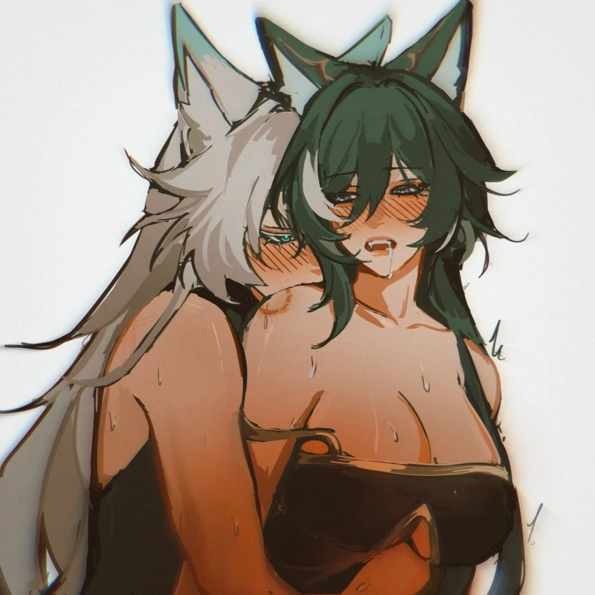 honkai: star rail, feixiao (honkai: star rail), yukong (honkai: star rail), bite mark, blush, drooling, fangs, fox, fox girl, shoulder bite, sweating, yuri