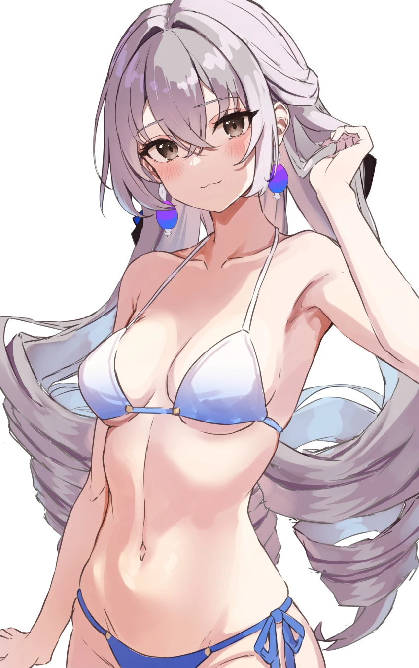 honkai (series), honkai: star rail, bronya rand, earrings, medium breasts, simple background, slender waist, smile, swimsuit