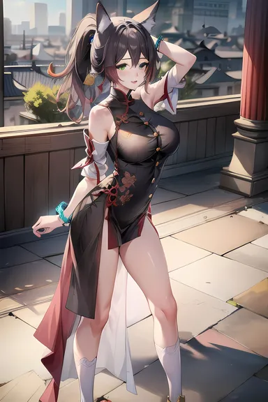 honkai: star rail, tingyun (honkai: star rail), big ass, big booty, big breasts, big butt, brown hair, chinese clothes, chinese dress, curvy, curvy figure, cute, cute face, dark hair, detailed background, fox, fox ears, fox tail, green eyes, looking at viewer, ponytail, sexy, sexy pose, smile, smiling, tail, thick thighs, ai generated, detailed, hi res, high resolution, highres