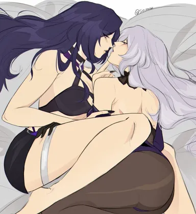 honkai: star rail, acheron (honkai: star rail), black swan (honkai: star rail), cuddle, cuddling, in bed, long hair, sensual, thighs, yuri