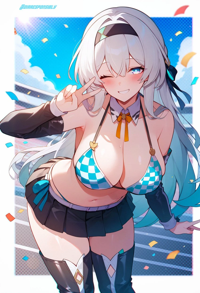 honkai: star rail, firefly (honkai: star rail), bra, large breasts, one eye closed, peace sign, skirt, wink