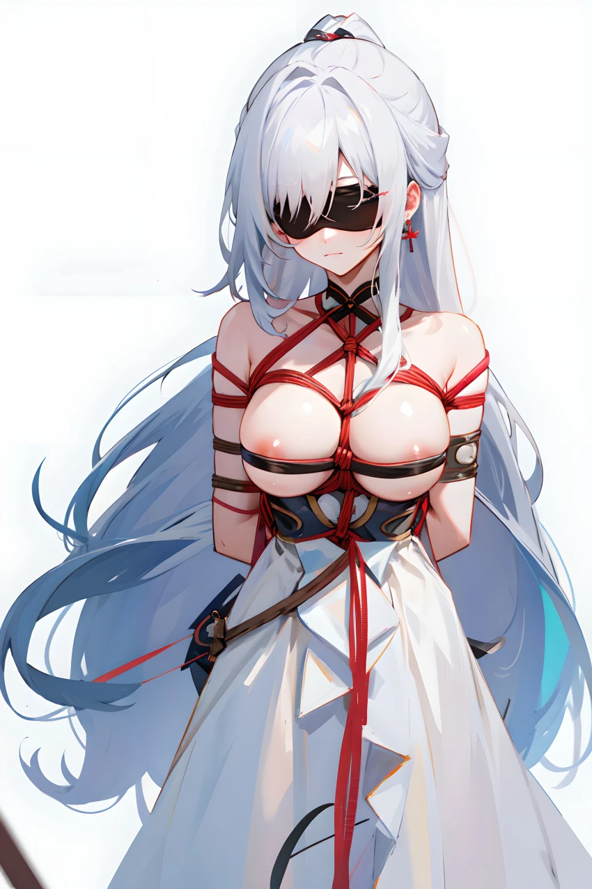 stable diffusion, honkai (series), honkai: star rail, 1girls, blindfold, female focus, female only, long hair, voluptuous, voluptuous female, white hair, ai generated