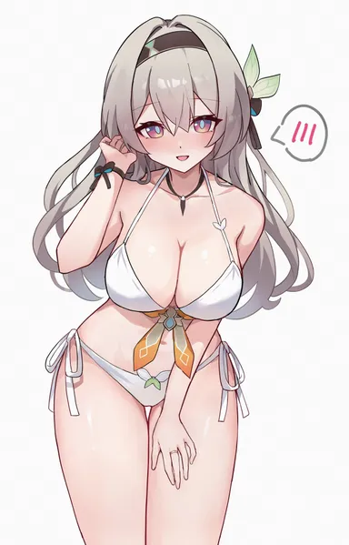 honkai: star rail, firefly (honkai: star rail), 1girls, bikini, blush, cute, embarrassed, female, female focus, large breasts, open mouth, pointy chin, shy, smile, solo female, spoken blush, swimsuit, white bikini