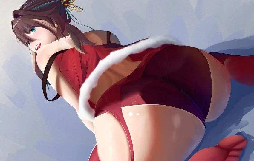 lunar avenger, christmas, honkai: star rail, ruan mei (honkai: star rail), 1girls, ass, ass focus, back view, big ass, christmas outfit, fat ass, from behind, from below, green eyes, hanging clothes, huge ass, kneeling, looking down, massive ass, multicolored hair, no bra, panties, red stockings, red underwear, simple background, skindentation, solo, solo female, solo focus, stockings, thick thighs, underwear, wide hips, low-angle view