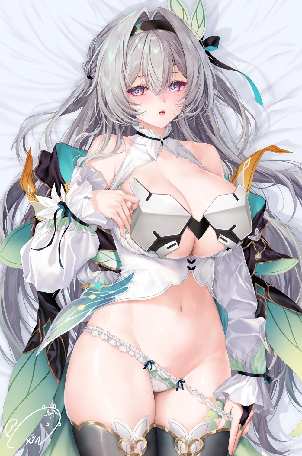 obiwan, honkai (series), honkai: star rail, firefly (honkai: star rail), sam (honkai: star rail), armor, bed sheet, blush, breast armor, breasts, detached sleeves, female, frilled panties, frills, grey hair, hair ornament, hairband, large breasts, long hair, long sleeves, looking at viewer, lying, navel, panties, pulling down panties, solo, thighhighs, underwear, weisuoxin, white panties, highres