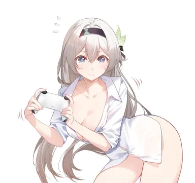 honkai: star rail, firefly (honkai: star rail), ass visible through thighs, bent over, cleavage, closed mouth, collared shirt, embarrassed, gaming, handheld game console, large ass, large breasts, looking back, naked shirt, no panties, simple background, suprised, suprised eyes, suprised look, sweatdrop, thick thighs, white background, white shirt, wide hips