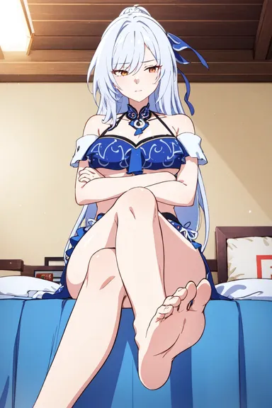 honkai (series), honkai: star rail, jingliu (honkai: star rail), blue dress, blue hair, crossed arms, crossed legs, crossing arms, embarrassed, feet, foot fetish, foot focus, toes, ai generated, tagme