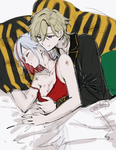 honkai: star rail, aventurine (honkai: star rail), topaz (honkai: star rail), 1boy, 1girls, bed, blonde hair male, blush, hazel0217, hickey, hugging from behind, in bed, silver hair female, no visible genitalia