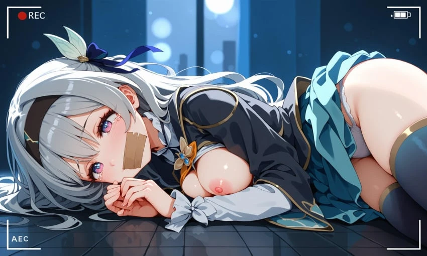 honkai: star rail, firefly (honkai: star rail), breasts out of clothes, gag, gagged, grey hair, laying on side, looking at viewer, mostly clothed, recording, tape gag, tearing up, ai generated