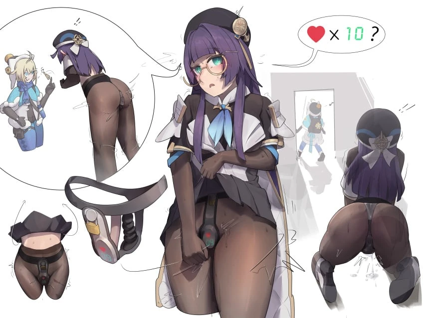 ooooooso, honkai: star rail, pela (honkai: star rail), anal plug, blue hair, chastity, chastity belt, female, glasses, pantyhose, pussy juice, vibrator, tagme