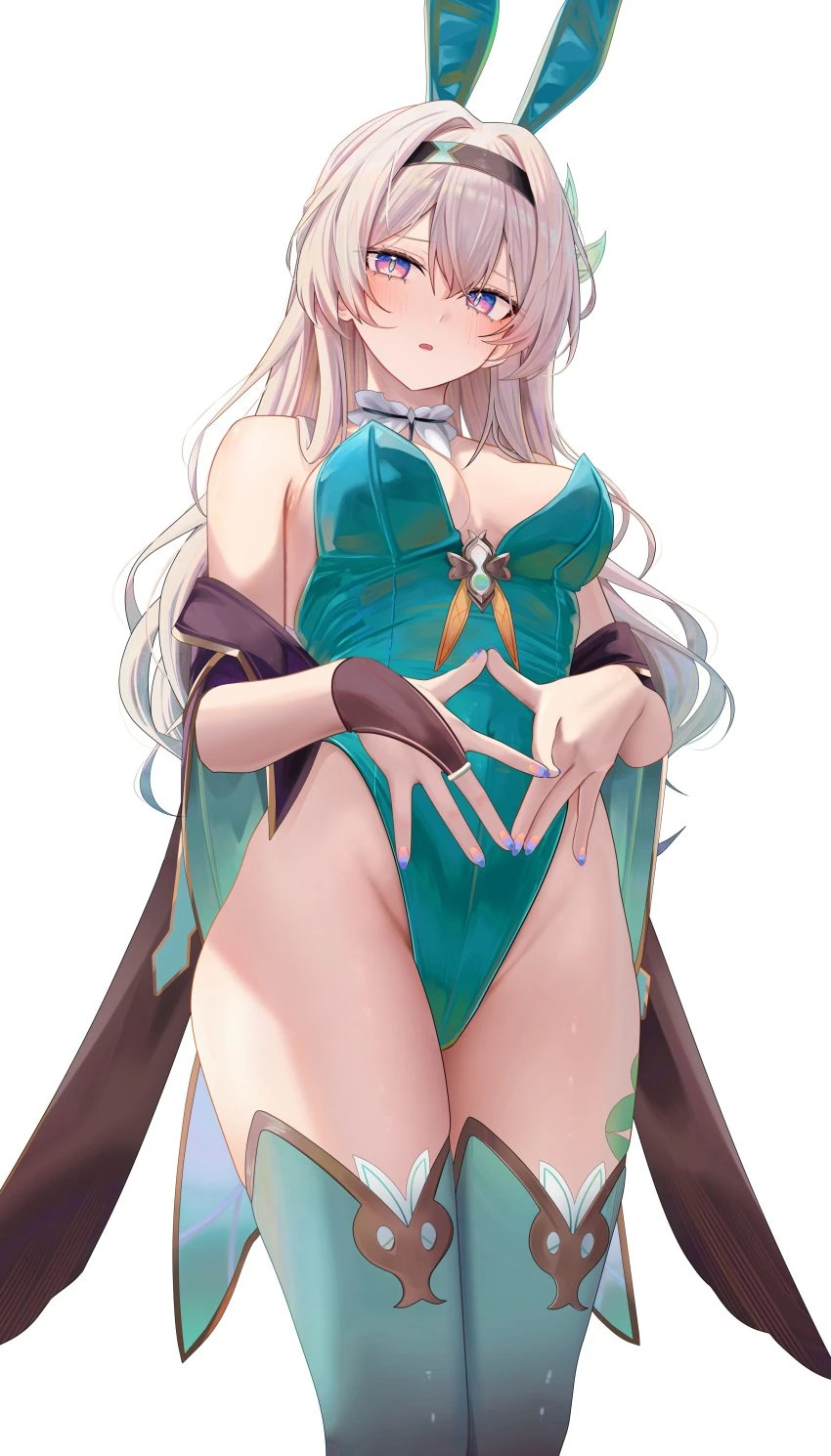 ru zhai, honkai (series), honkai: star rail, firefly (honkai: star rail), :o, 1girls, bare shoulders, blush, breasts, bunny ears, bunnysuit, chest, cleavage, detached collar, fake animal ears, female, female only, fingers together, green legwear, green leotard, hairband, hands, head tilt, hips, legs, legwear, leotard, light-skinned female, long hair, looking at viewer, medium breasts, nail polish, navel visible through clothes, open mouth, purple eyes, solo, spread fingers, standing, stockings, thighs, white background, white hair, highres