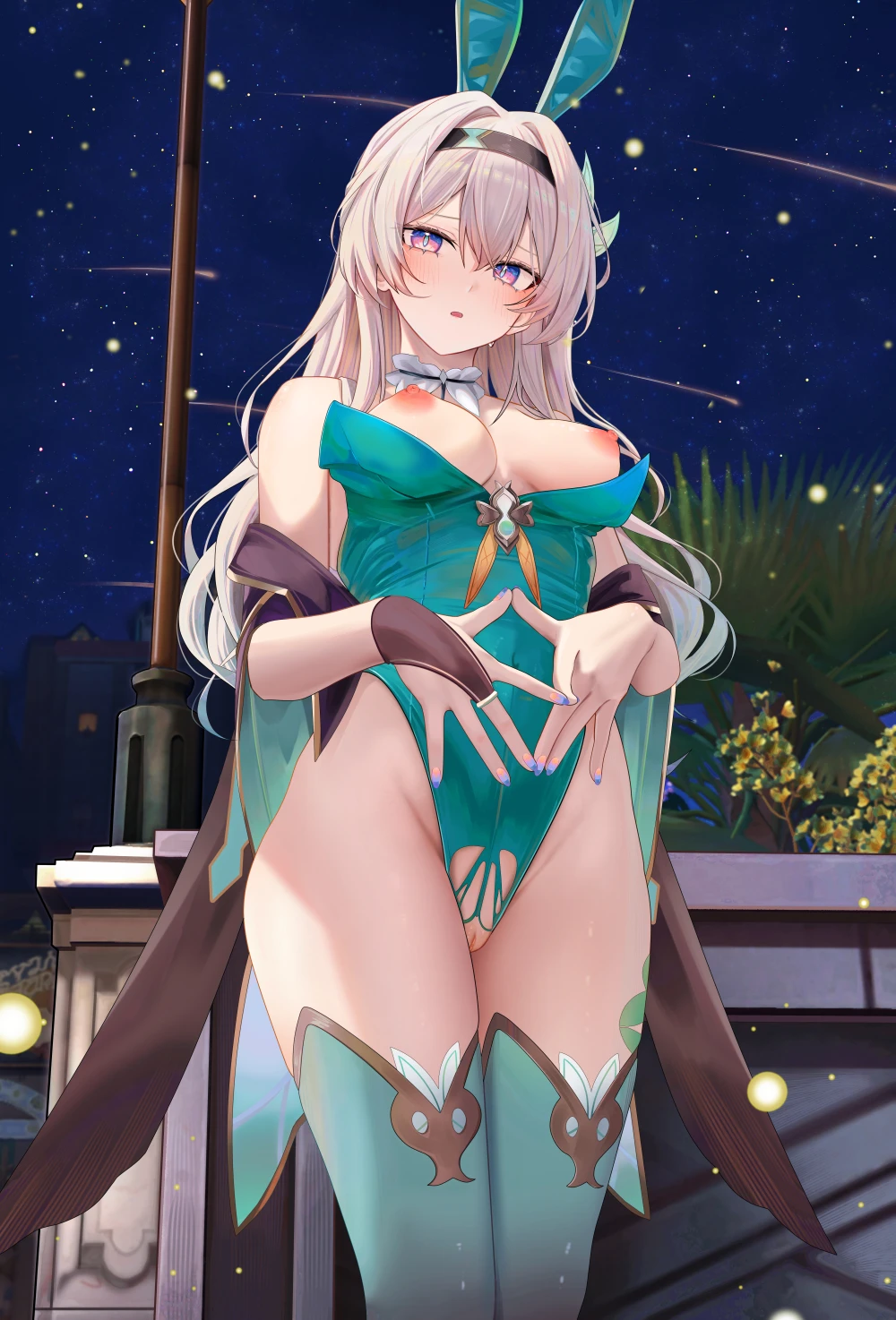 ru zhai, honkai (series), honkai: star rail, firefly (honkai: star rail), alternate costume, animal ears, bare shoulders, black hairband, blue nails, blush, breasts, breasts out, bridal gauntlets, covered navel, fake animal ears, female, green leotard, green thighhighs, hair ornament, hairband, highleg, highleg leotard, large breasts, leotard, long hair, looking at viewer, nail polish, night, nipples, off shoulder, outdoors, parted lips, playboy bunny, purple eyes, pussy, rabbit ears, solo, standing, thighhighs, thighs, torn clothes, torn leotard, white hair, commentary, highres, paid reward available, uncensored