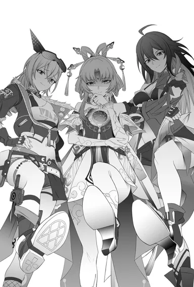 takai isshiki, honkai: star rail, fu xuan (honkai: star rail), seele (honkai: star rail), silver wolf (honkai: star rail), 3girls, ahoge, bare shoulders, blush, boots, breasts, clothed, clothing, cropped jacket, crossed arms, dominant female, dress, feet, female, female only, femdom, fingerless gloves, footwear, forehead jewel, from below, gloves, hair, hair between eyes, hair ornament, high heels, jacket, leg up, long hair, long sleeves, looking at viewer, medium breasts, multiple girls, one leg up, pleasure face, shoes, short shorts, shorts, simple background, small breasts, smile, smug, standing, standing on one leg, thick thighs, thighs, unbuttoned shorts, unzipped jacket, white background, monochrome