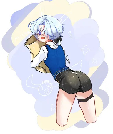 honkai: star rail, misha (honkai: star rail), ass, back view, blue hair, bow, femboy, feminine male, long hair, male, male focus, male only, ponytail, pose, solo, solo focus, solo male, sugestive pose