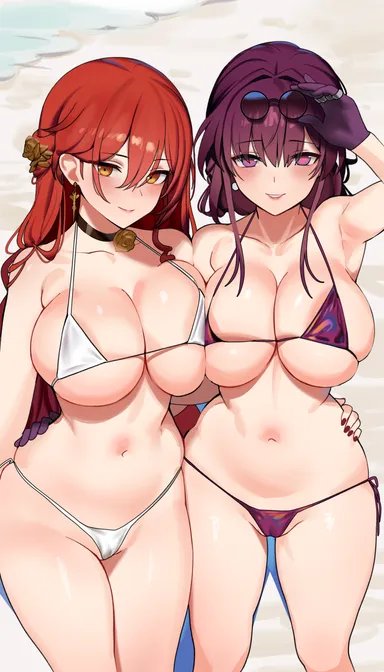 ndgd, honkai: star rail, himeko (honkai: star rail), kafka (honkai: star rail), 2girls, beach, big breasts, bikini, blush, choker, curvy, earrings, eyewear on head, female, female only, glasses, glasses on head, gloves, hair ornament, huge breasts, large breasts, looking at viewer, navel, orange eyes, purple eyes, purple hair, red hair, swimsuit, thick, thick thighs, thighs, voluptuous