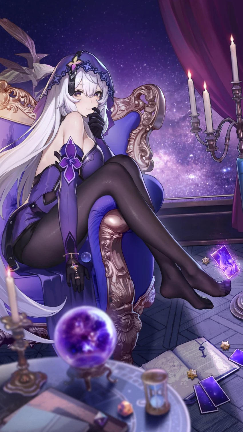 hle, le (huanglongen), honkai (series), honkai: star rail, hoyoverse, black swan (honkai: star rail), 1girls, ass, back, belt buckle, belt straps, belt veil, big breasts, breasts, breasts squeezed together, brown eyes, clothed, crossed ankles, crossed feet, crystal ball, dress, feet, feet fetish, female, foot fetish, gloves, hand on chin, huge breasts, leggings, legs, legs over chair, legs together, long hair, looking at viewer, nun, nun outfit, open back, open back dress, pantyhose, side boob, side view, sitting on chair, sole female, solo, stocking, straps, thick thighs, thighs, thighs together, toes, veil, white hair