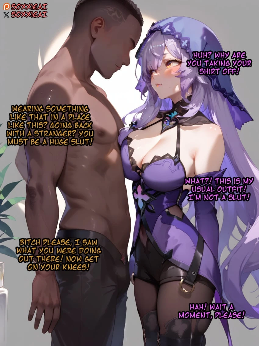 honkai: star rail, black swan (honkai: star rail), 1boy, big breasts, cameltoe, cleavage, dark-skinned male, female, interracial, leggings, long hair, pantyhose, pussy, thighs, ai assisted, ai generated, caption