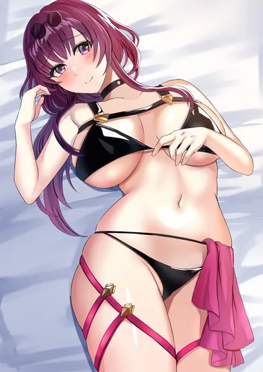 tara (szzj7733), honkai (series), honkai: star rail, kafka (honkai: star rail), 1girls, bare thighs, bed, bikini, black bikini, black swimsuit, breasts, choker, eyewear on head, female, female only, glasses, large breasts, long hair, looking at viewer, on back, on bed, purple eyes, purple hair, sideboob, smile, solo, sunglasses on head, swimsuit, thick thighs, thighs, underboob, violet hair