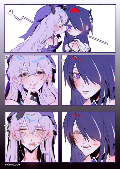 honkai (series), honkai: star rail, hoyoverse, acheron (honkai: star rail), black swan (honkai: star rail), 2girls, bite mark, bite mark on neck, female only, female/female, headwear, kissing, kissing cheek, kissing neck, lipstick, lipstick mark, multiple girls, pink hair, purple eyes, purple hair, rough kiss, smile, yuri