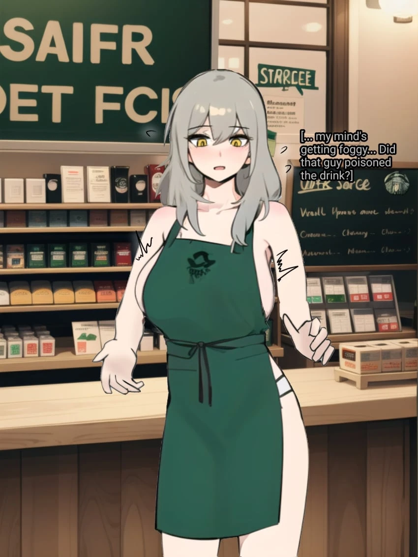 starbucks, stelle (honkai: star rail), apron, apron only, breast expansion, breast squeeze, golden eyes, grey hair, huge breasts, lactation, naked apron, sideboob, ai generated background, iced latte with breast milk