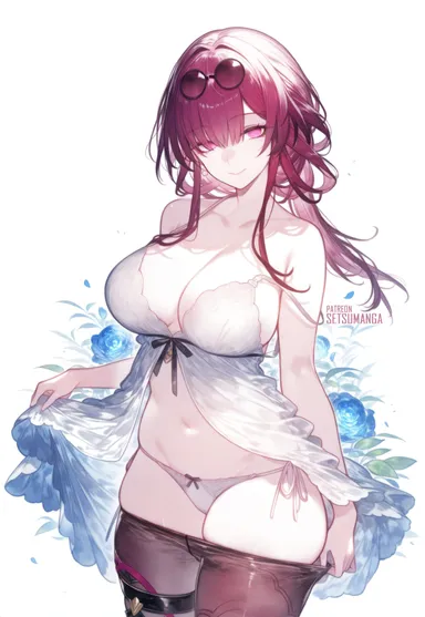 setsuaiart, setsumanga, honkai (series), honkai: star rail, hoyoverse, kafka (honkai: star rail), bare shoulders, belly button, big breasts, bob cut, curvy, lingerie, long hair, looking at viewer, pants down, pants removed, purple eyes, purple hair, slim waist, smiling at viewer, thick thighs, tied hair, tummy, underwear, wide hips, ai generated