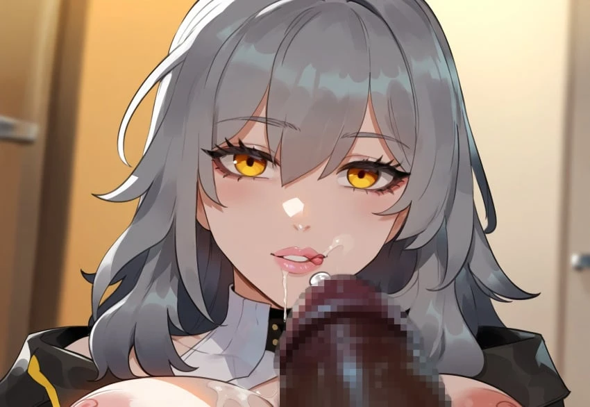 miyuai, honkai: star rail, stelle (honkai: star rail), 1boy, 1boy1girl, 1girls, clothed, clothing, drooling, eyebrows, eyebrows visible through hair, eyelashes, female, grey hair, huge breasts, huge cock, imminent fellatio, imminent oral, imminent penetration, imminent sex, imminent vaginal, jacket, large breasts, large penis, larger male, licking, licking lips, lips, lipstick, looking at viewer, male pov, nipples, partially clothed, pov, precum, teeth, teeth showing, tongue, tongue out, yellow eyes, ai generated, censored, mosaic censoring