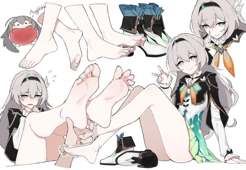 lan mao akko, honkai (series), honkai: star rail, firefly (honkai: star rail), :), 1girls, bare legs, barefoot, blush, cute, embarrassed, exposed feet, eyelashes, feet, female, female only, flustered, foot fetish, foot focus, grey hair, hairband, head tilt, legs, legs up, light-skinned female, long hair, looking at viewer, mole, mole under eye, nervous, peace sign, purple eyes, shoes removed, sitting, smile, smiling, soles, solo, toenail polish, uniform, v, v sign, wavy mouth, white background, highres