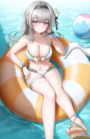 hini ni, honkai (series), honkai: star rail, firefly (honkai: star rail), alternate costume, ball, bare legs, bare shoulders, beach, beachball, bikini, black bow, black hairband, blue eyes, blush, bow, breasts, brown footwear, cleavage, collarbone, feet, female, foot out of frame, hair between eyes, hair intakes, hair ornament, hairband, hairbow, hand in own hair, holding, knees together feet apart, large breasts, legs, long hair, looking at viewer, nail polish, navel, orange eyes, sandals, sidelocks, smile, solo, stomach, swim ring, swimsuit, thigh strap, toenail polish, toenails, toes, two-tone eyes, water, wet, white bikini, white hair, wristband, yellow bow, yellow nails, yellow toenails, absurdres, highres