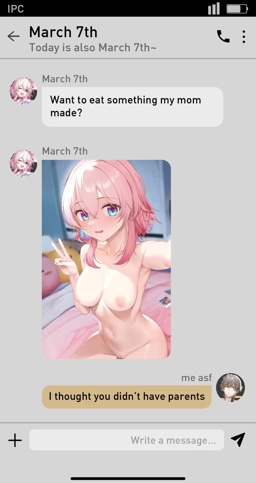 yatsucchie, honkai (series), honkai: star rail, caelus (honkai: star rail), march 7th (honkai: star rail), battery indicator, blue eyes, blurry, breasts, chat log, collarbone, completely nude, fake phone screenshot, female, flirting, hair between eyes, looking at viewer, medium breasts, nipples, nude, pink hair, selfie, sexting, shirt, sitting, solo, text messaging, trailblazer (honkai: star rail), english text, fake screenshot, highres