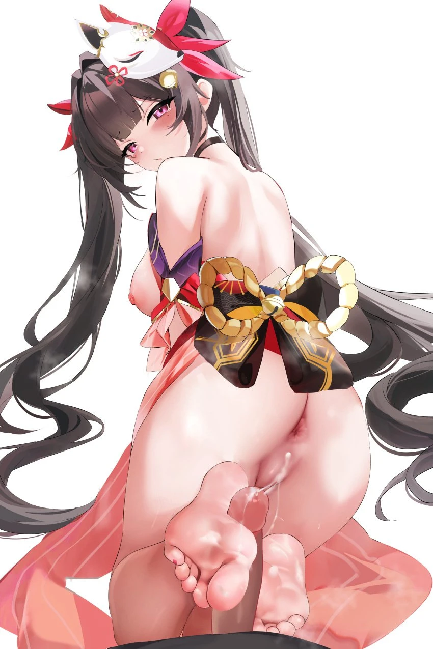 fantongjun, honkai (series), honkai impact 3rd, honkai: star rail, hoyoverse, mihoyo, sparkle (honkai: star rail), ass, asshole, bare back, bare shoulders, black hair, blush, breasts, breasts out, cum, cum drip, cum in pussy, cum inside, cum on body, cum on feet, feet, footjob, looking at viewer, magenta eyes, nail polish, nipple, perfect feet, red nail polish, red nails, reverse footjob, soles, toes