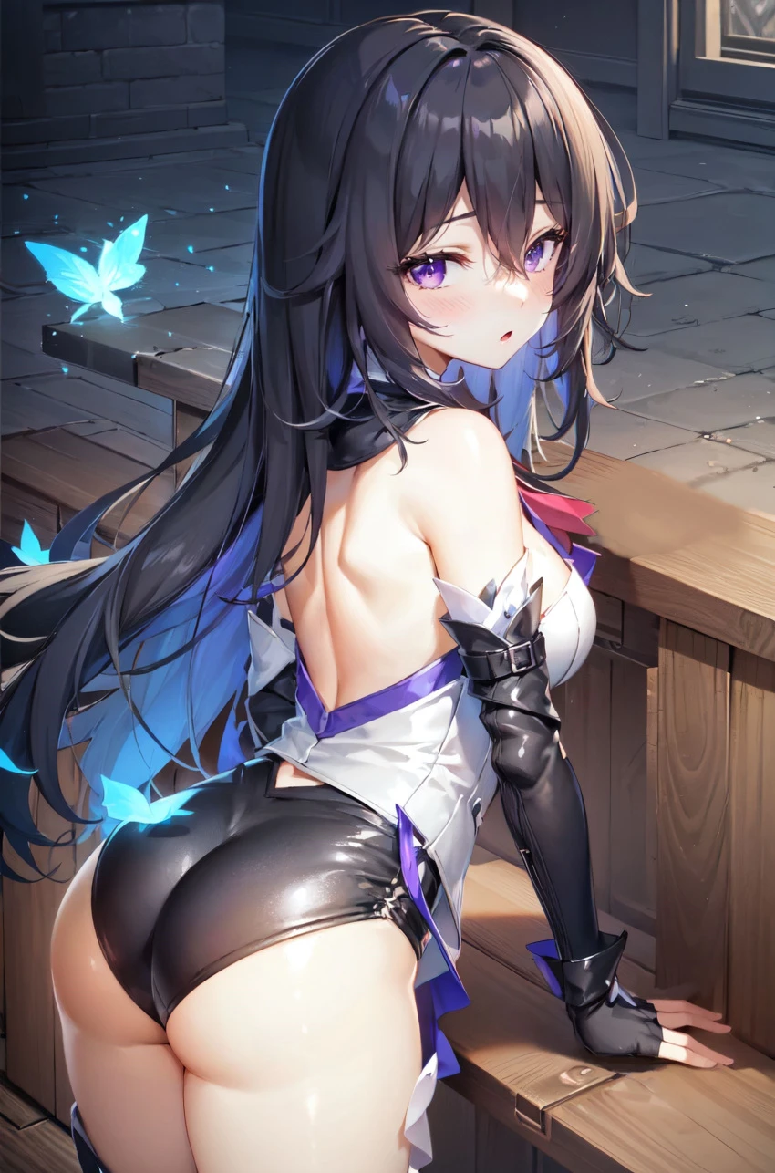 honkai: star rail, seele (honkai: star rail), ass, ass focus, bare shoulders, black hair, blue hair, blush, breasts, female, fingerless gloves, from behind, gloves, huge ass, leotard, long hair, looking at viewer, medium breasts, multicolored hair, open mouth, purple eyes, shiny, shiny clothes, shiny hair, shiny skin, sideboob, solo, thighhighs, very long hair, ai generated