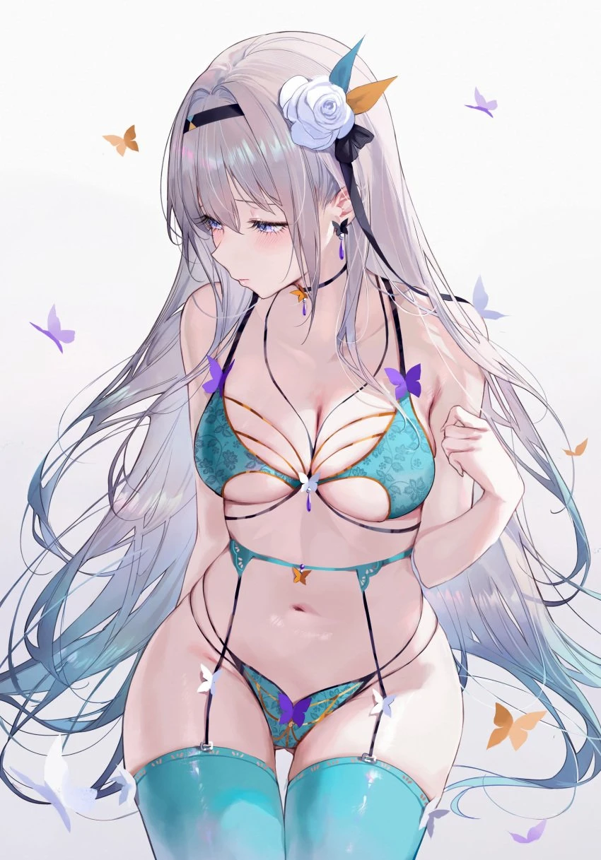 qiandaiyiyu, honkai (series), honkai: star rail, firefly (honkai: star rail), 1girls, blue eyes, blush, butterfly, butterfly hair ornament, embarrassed, female, female focus, female only, garter belt, garter straps, green bra, green panties, green underwear, grey hair, light blush, light skin, light-skinned female, lingerie, lingerie bra, lingerie only, lingerie panties, long hair, looking away, medium breasts, shy, stockings, tagme