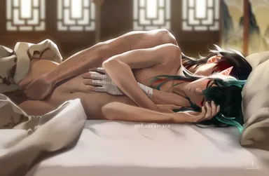 sofiaasamara, blade (honkai: star rail), dan heng, dan heng (imbibitor lunae), 2boys, asleep, cuddling, groping, in bed, male, male only, multiple boys, naked, naked male, artist name, tagme