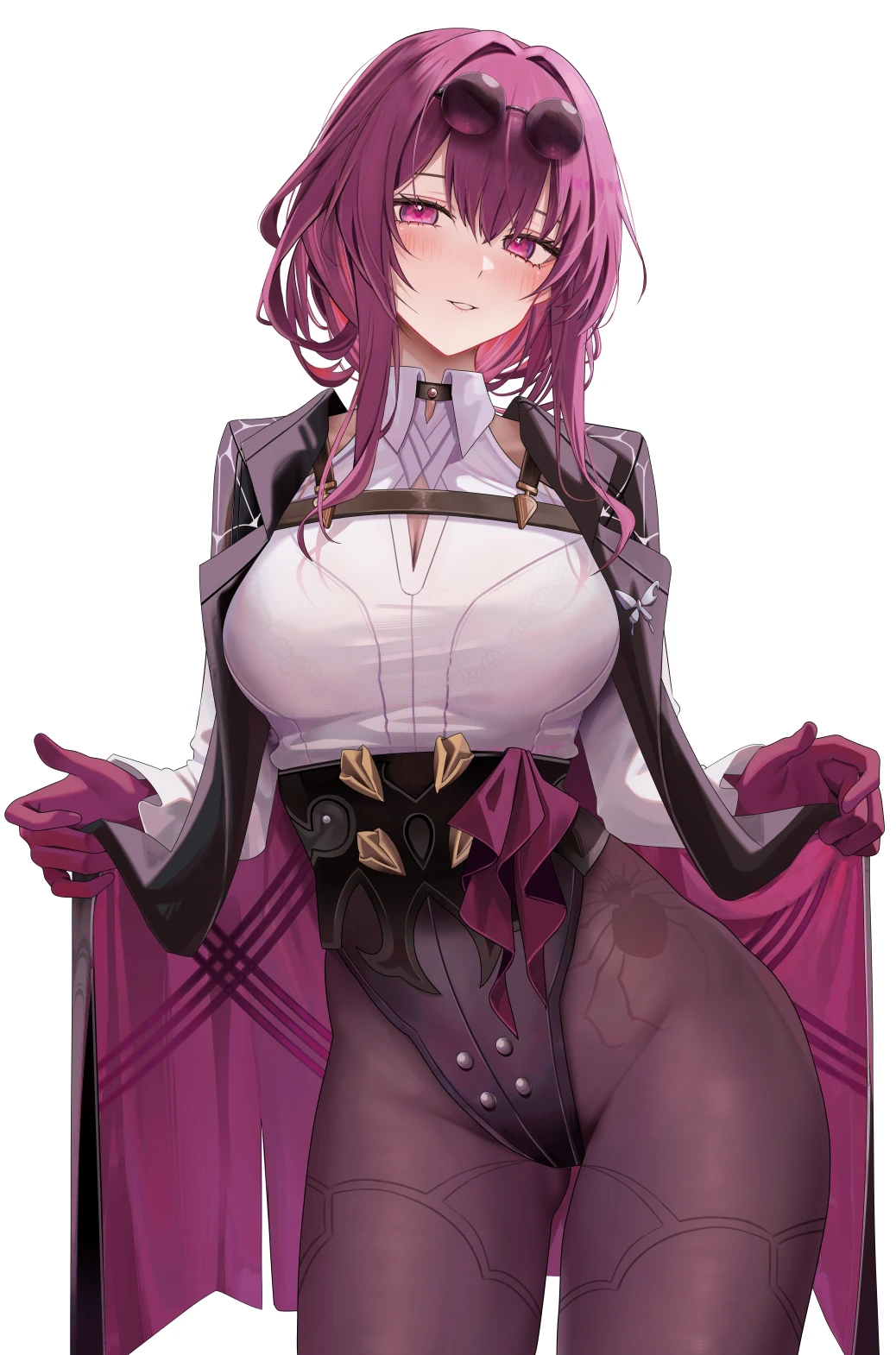 ru zhai, honkai: star rail, kafka (honkai: star rail), 1girls, blush, breasts, breasts covered, clothed, female, female only, hips, jacket, jacket open, leotard, looking at viewer, purple eyes, purple hair, purple tights, short hair, smile, solo, standing, sunglasses, sunglasses on head, thick, thick thighs, thighs, tights, white background, wide hips, simple background