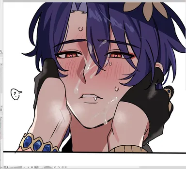 honkai (series), honkai: star rail, aventurine (honkai: star rail), dr. ratio (honkai: star rail), cum on face, gay, gloves, heart-shaped pupils, lips, male focus, male only, purple hair, sweat, yaoi