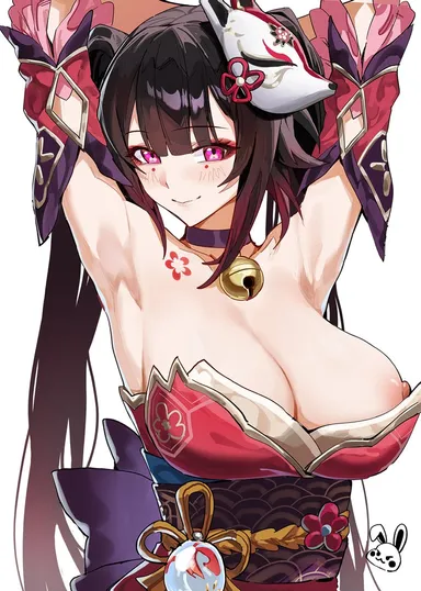 celyn404, honkai (series), honkai: star rail, sparkle (honkai: star rail), 1girls, areola slip, areolae, armpits, arms up, bell collar, black hair, blush, cleavage, detached sleeves, eyeshadow, female, fox mask, looking at viewer, nipple slip, nipples, red eyes, smile, solo, tied hair, twintails, simple background