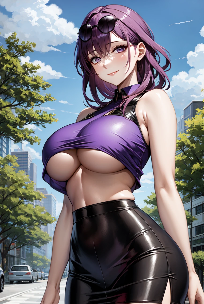 stable diffusion, honkai: star rail, kafka (honkai: star rail), 1girls, abs, armpits, bare shoulders, big ass, black clothing, blush, breasts, cleavage, cloud, croptop, curvaceous, curvy body, curvy figure, female, female only, hourglass figure, huge breasts, large breasts, looking at viewer, medium hair, navel, outside, purple clothing, purple eyes, purple hair, round ass, round breasts, seductive look, short hair, shoulders, skindentation, skirt, slim waist, smile, solo, solo female, street, sunglasses, sunglasses on head, tight clothing, tree, underboob, voluptuous, voluptuous female, wide hips, ai generated