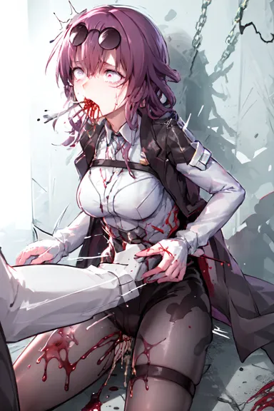 honkai (series), honkai: star rail, kafka (honkai: star rail), blood, glasses, gore, large breasts, mature female, red eyes, red hair, violence, ai generated