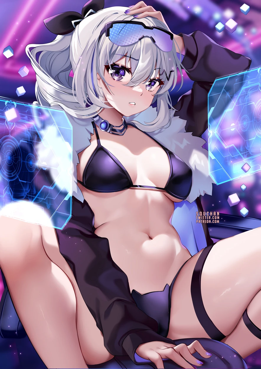 squchan, honkai: star rail, silver wolf (honkai: star rail), arm up, bangs, bikini, blue nails, blush, breasts, choker, cleavage, coat, earrings, eyebrows visible through hair, eyewear on head, female, fur trim, glint, hair between eyes, hair ornament, halterneck, jacket, jewelry, long hair, long sleeves, looking at viewer, mask, medium breasts, nail polish, navel, open clothes, open jacket, parted lips, purple eyes, purple nails, sidelocks, silver hair, sitting, solo, stomach, string bikini, sunglasses, swimsuit, thigh strap, thighs, weapon