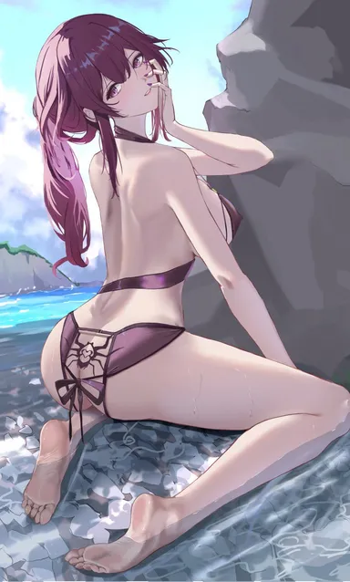 kumocapturecck, honkai: star rail, kafka (honkai: star rail), 1girls, ass, blush, bow, feet, female, female focus, female only, nail polish, nipples visible through clothing, pink eyes, pink hair, ponytail, purple hair, soles, solo, solo female, solo focus, swimsuit, swimwear, thick thighs, thighs, water