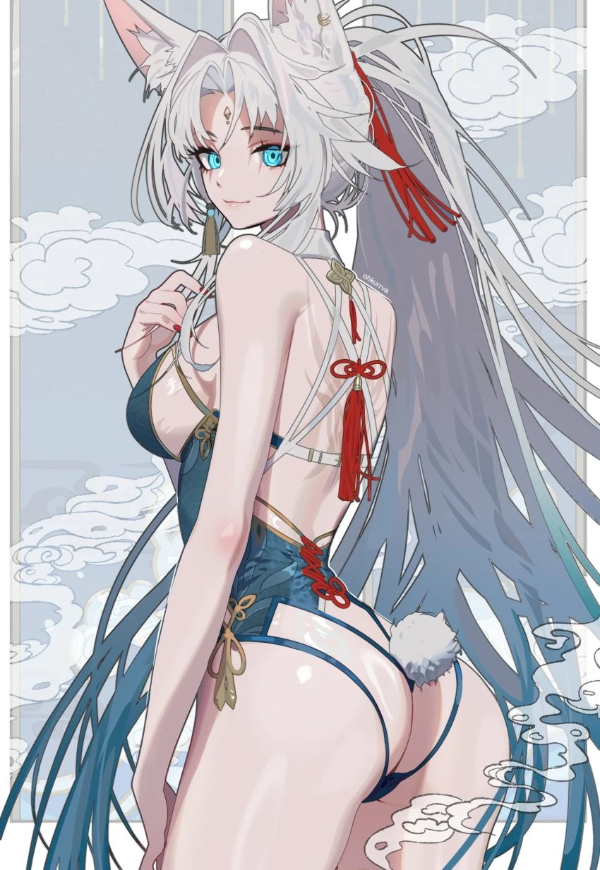 ohkurrva, honkai: star rail, feixiao (honkai: star rail), animal ears, ass, female, swimsuit, tail