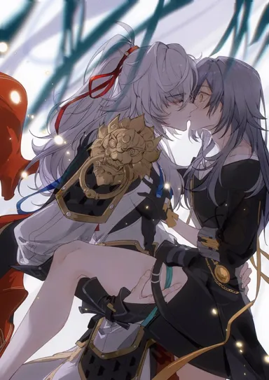 aoma (xuanzexuexi), honkai (series), honkai: star rail, jing yuan, stelle (honkai: star rail), 1boy, armor, black coat, black skirt, coat, female, from side, grey hair, hair ribbon, high ponytail, kissing, leg lift, long hair, looking at another, pauldrons, red ribbon, ribbon, shirt, shoulder armor, skirt, white hair, white shirt, commentary request, highres