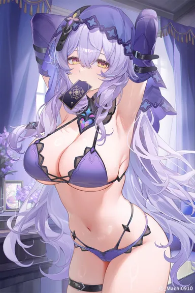 machi0910, honkai (series), honkai: star rail, black swan (honkai: star rail), 1girls, adult, arms behind head, belly button, big breasts, bikini, bra, card in mouth, cleavage, covered nipples, curtains, curtains open, female, female focus, female only, front view, hourglass figure, huge breasts, indoors, light skin, light-skinned female, long hair, looking at viewer, mature, mature female, multi-strapped bikini, navel, purple bikini, purple bikini bottom, purple bikini top, purple hair, revealing clothes, revealing swimsuit, sexy, solo, solo female, solo focus, standing, swimsuit, thong, thong bikini, two piece swimsuit, voluptuous, voluptuous female, window, yellow eyes, 2d, 2d (artwork), high resolution, highres