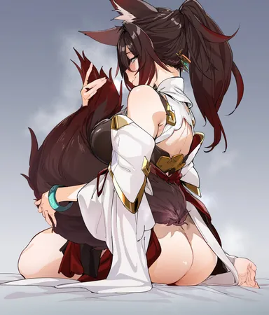 uno ryoku, honkai: star rail, tingyun (honkai: star rail), ass, brown hair, feet, fox ears, fox girl, fox tail, green eyes, light-skinned female, ponytail, sitting, solo, tagme