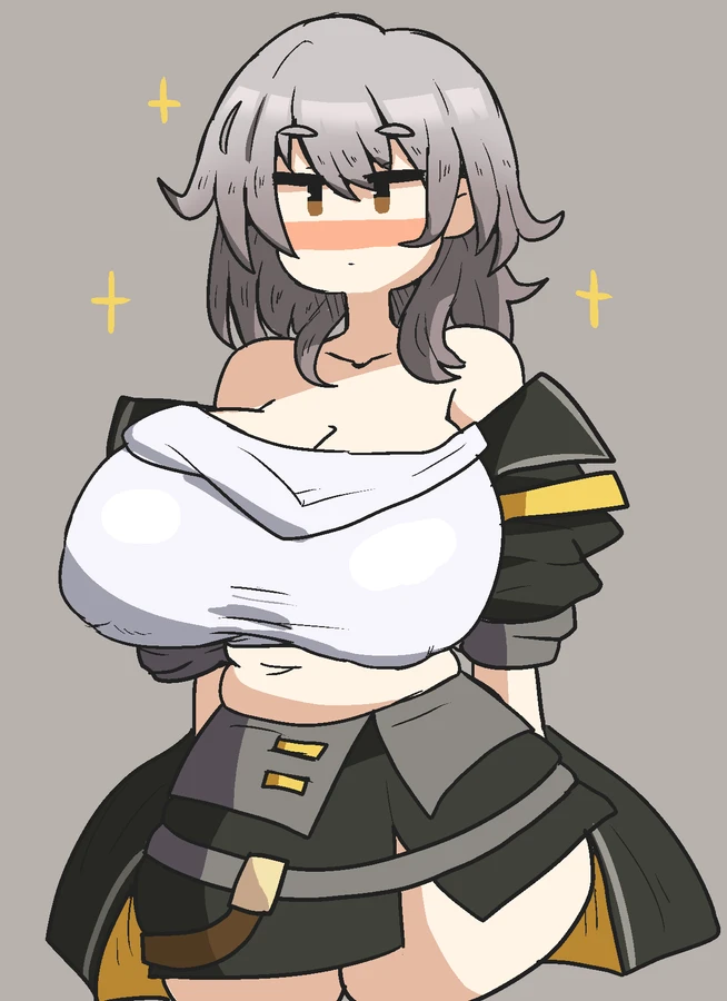 notnoe (dxcl), honkai (series), honkai: star rail, stelle (honkai: star rail), 1girls, big breasts, cleavage, clothed female, grey background, grey hair, light-skinned female, nipple bulge, silver hair, thick thighs, yellow eyes