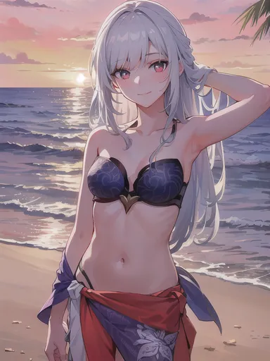 stable diffusion, yukino ai, honkai (series), honkai: star rail, jingliu (honkai: star rail), 1girls, armpits, beach, hand in hair, long hair, looking at viewer, navel, red eyes, small breasts, stomach, sunset, swimsuit, swimwear, white hair, ai generated