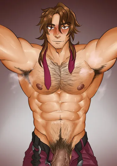 bluew, bluewdump, honkai: star rail, gallagher (honkai: star rail), armpit hair, balls, bara, big penis, blush, clothing, erection, hairy chest, looking at viewer, male, male nipples, male only, male pubic hair, manly, mature male, muscular male, nipples, penis