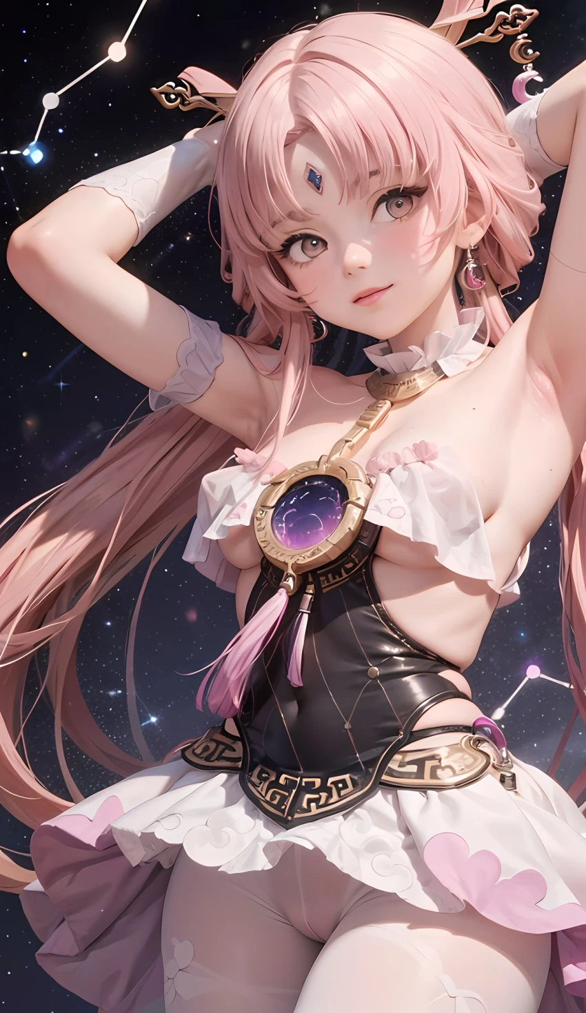 cortezian generations, honkai (series), honkai: star rail, patreon, fu xuan (honkai: star rail), 1girls, armpits, bare shoulders, blush, cameltoe, constellation, dress, female, forehead jewel, gloves, gold eyes, hair ornament, hairbow, leash, long hair, low twintails, night sky, petite, pink hair, small breasts, smile, solo, stars, stockings, tassel, thick thighs, thighs, twintails, young, ai generated, hi res